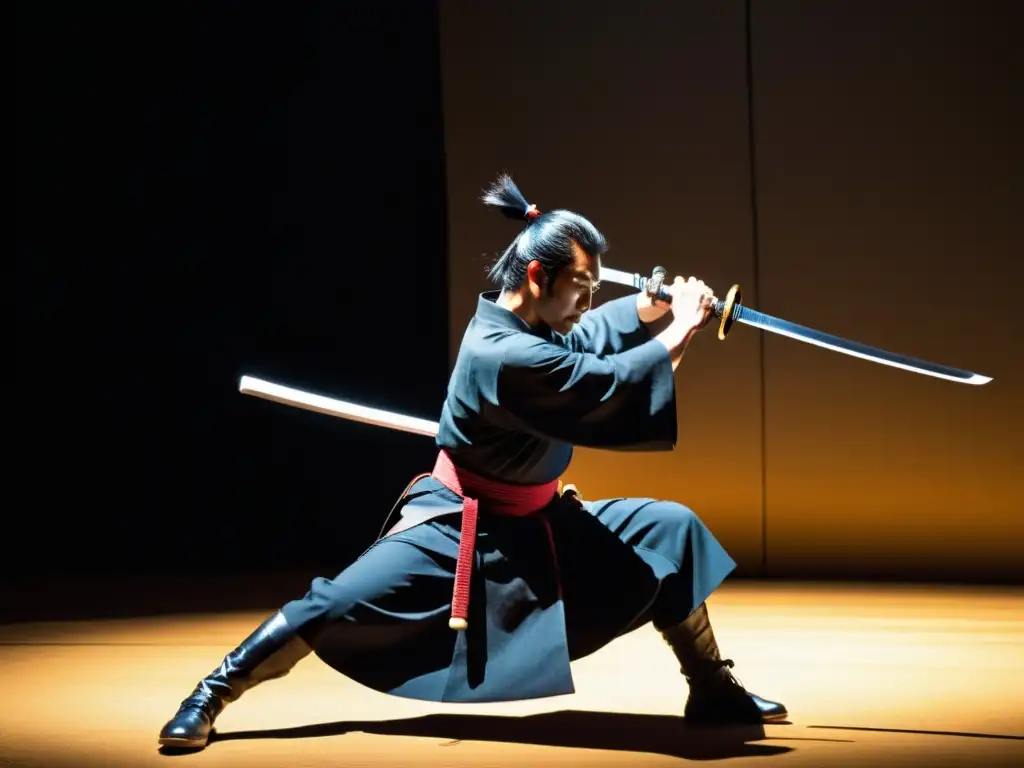 Un artista samurái moderno realiza una danza de espada hipnótica en un escenario minimalista