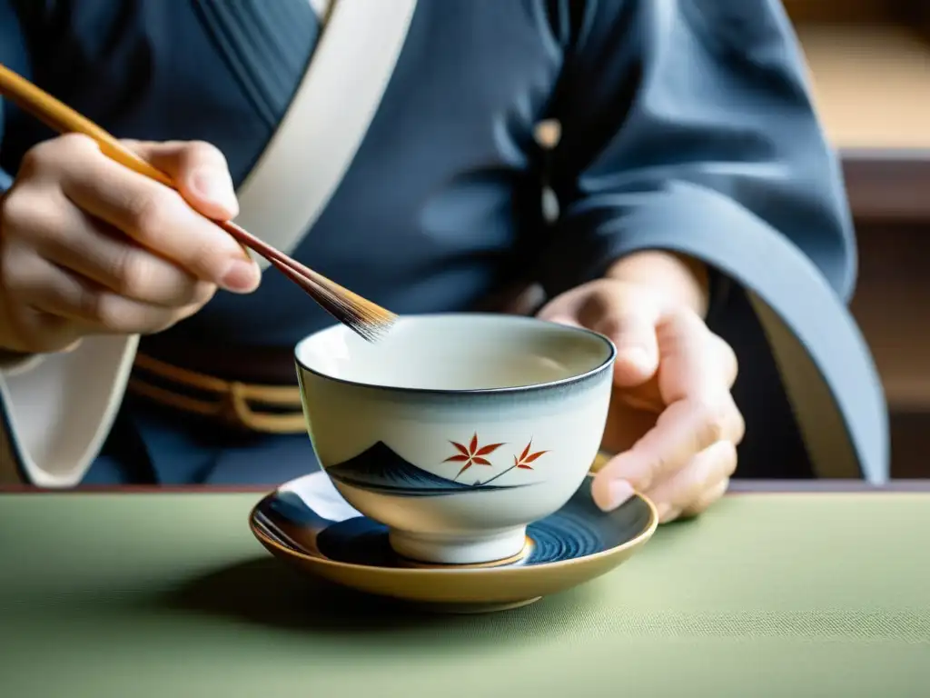 'Un artista samurái pintando delicadamente un tradicional taza japonesa