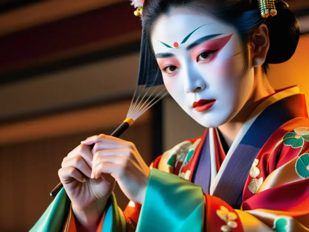 Un artista de teatro Noh japonés ejecuta una danza intensa y precisa, vistiendo un kimono de seda detallado