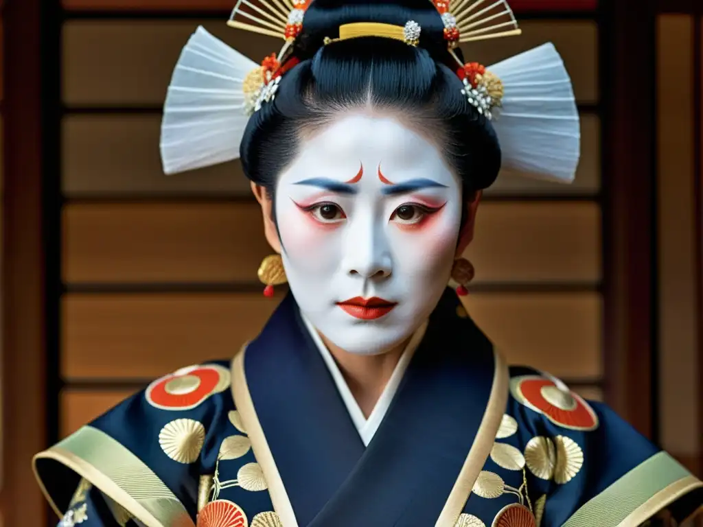 Artista del teatro Noh japonés en un traje detallado, expresión enfocada y lenguaje corporal poderoso, comunicación no verbal en cine japonés