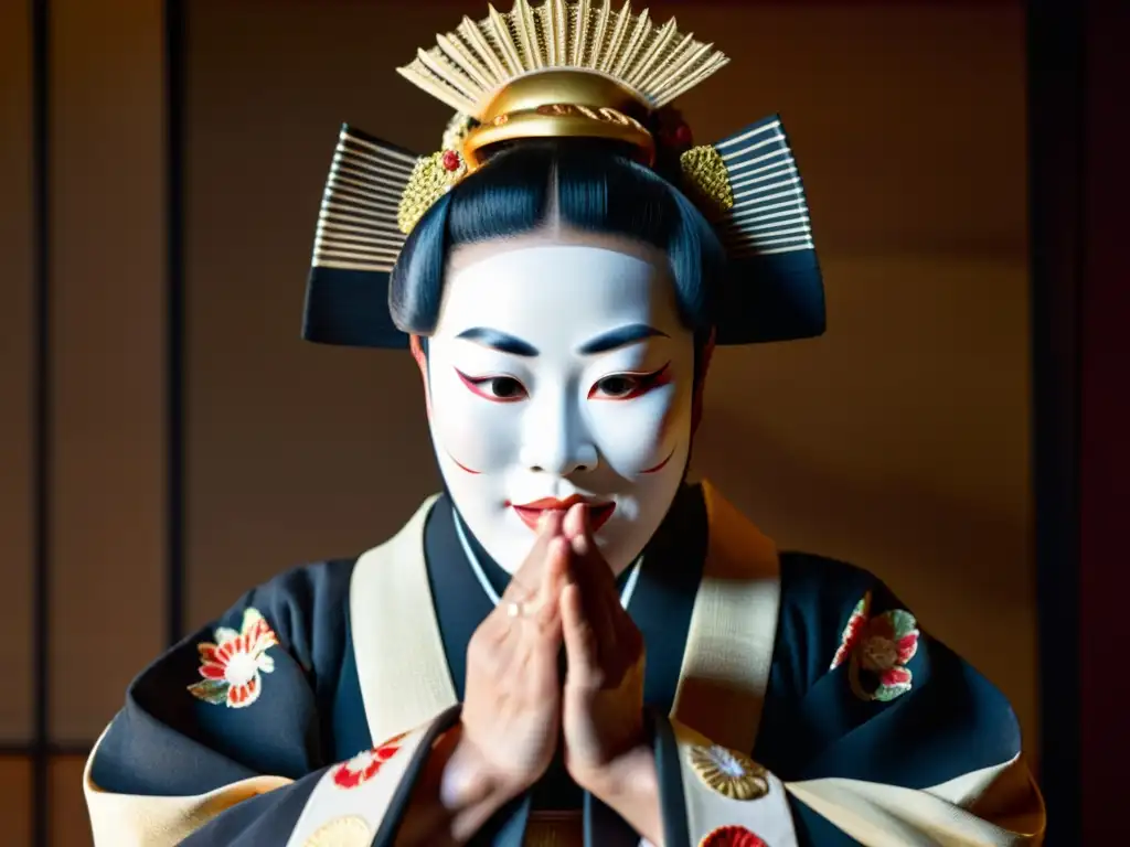 Un artista del teatro Noh japonés luce una máscara detallada y un traje bordado