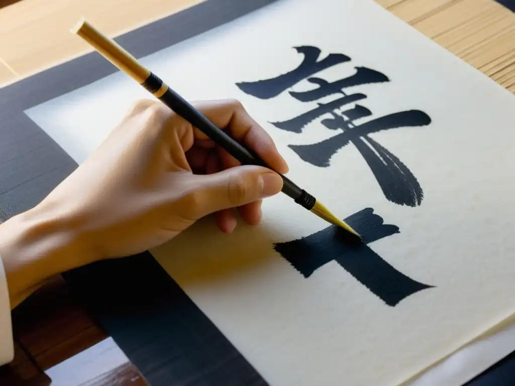 Un artista calígrafo aplica delicadamente tinta a papel, creando un kanji