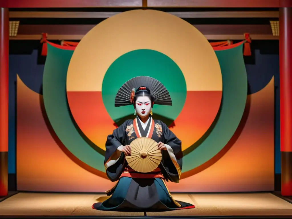 Una artista en traje de samurái en un escenario de teatro Noh, representando la fuerza y gracia de la mujer samurái