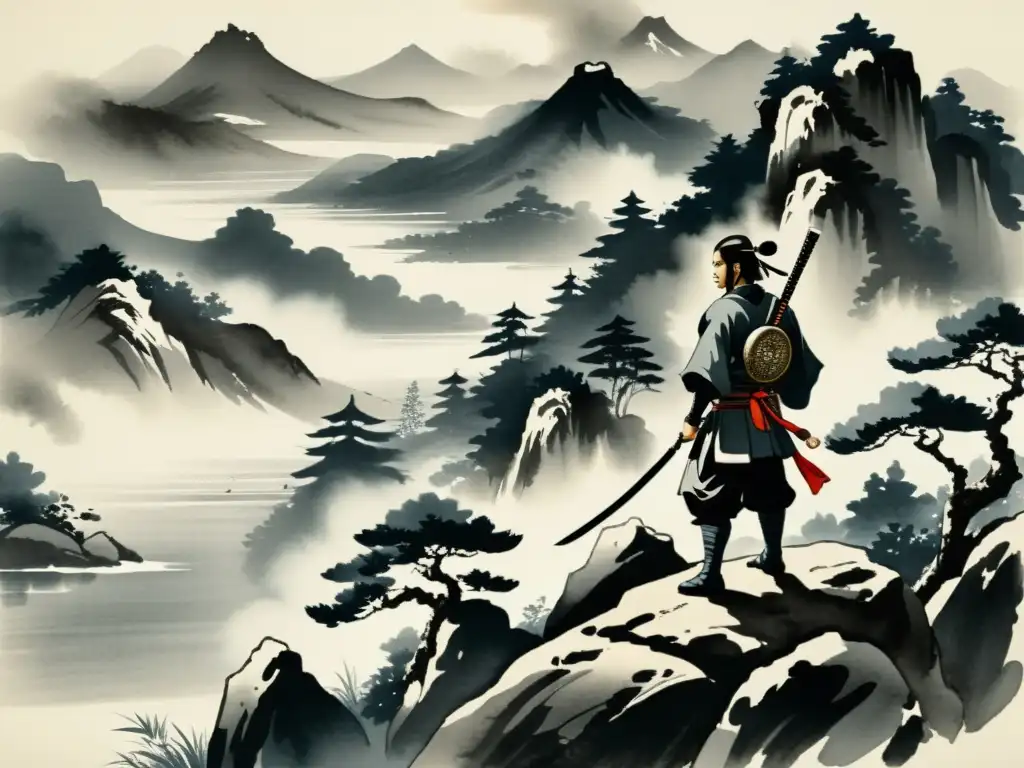 Una representación artística del Bushido: pintura japonesa de sumi-e con paisaje sereno y un solitario samurái en un acantilado