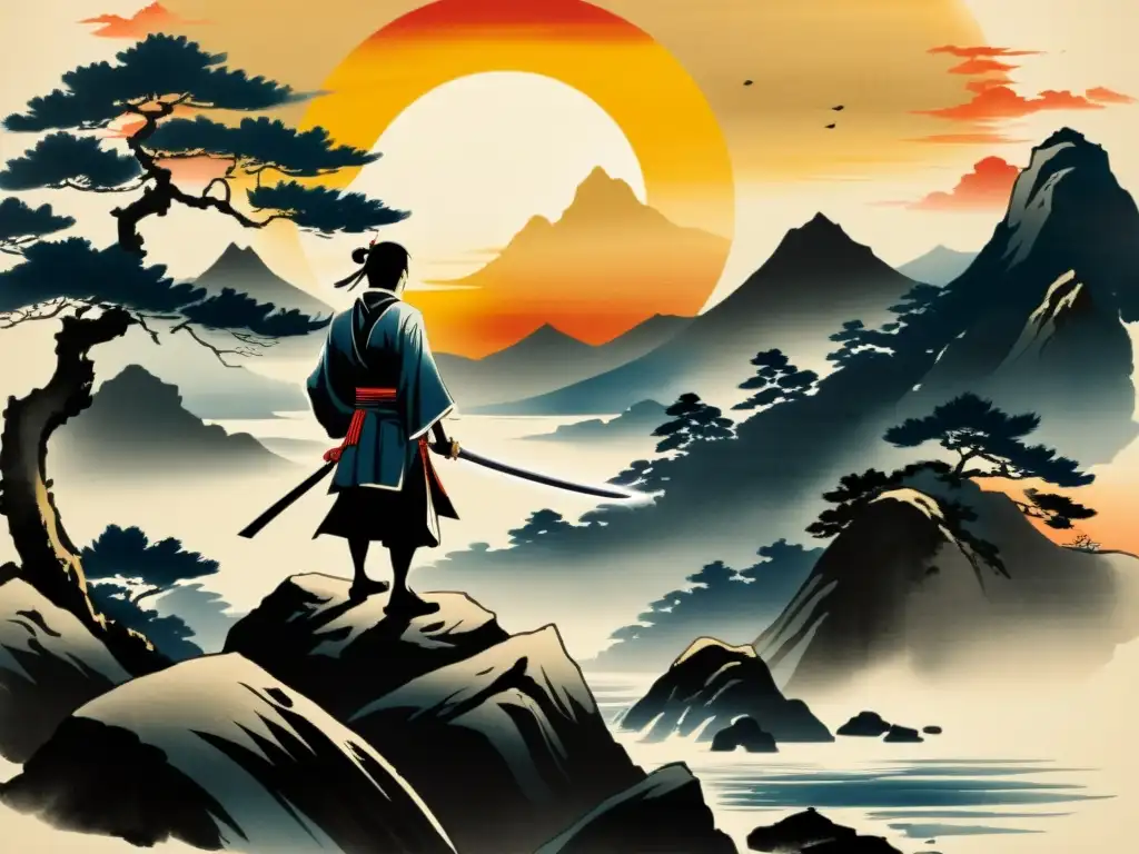 Representación artística del Bushido: Un solitario samurái con su katana en un acantilado al atardecer, en una pintura japonesa de tinta tradicional