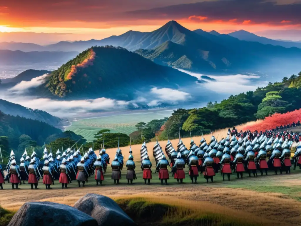 Un atardecer épico en el campo de batalla de Shiroyama, con samuráis en armadura y katanas