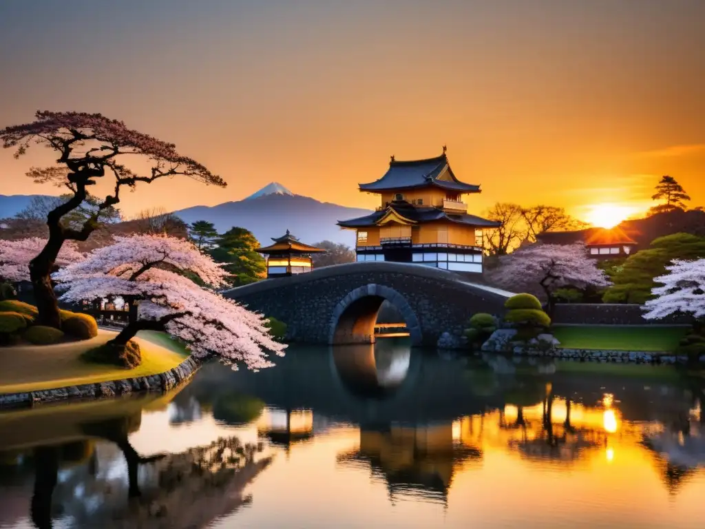 Un atardecer en Matsue Castle con un samurái en el puente y un ambiente sereno que captura el legado samurái en Matsue