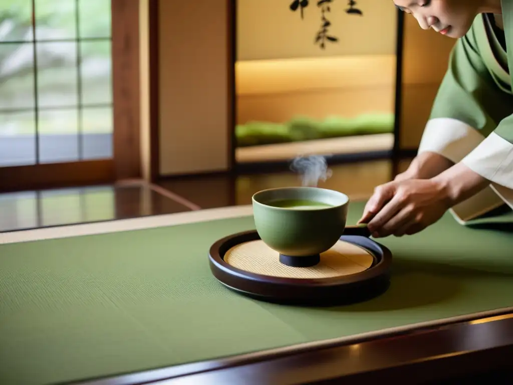 Una atmósfera serena llena de tradición: ceremonia del té en samurái con movimiento meticuloso y atención al detalle