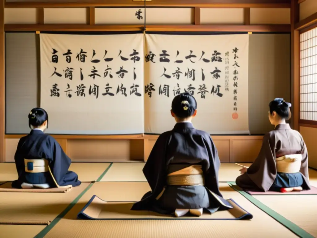 En un aula tradicional japonesa de la era Meiji, estudiantes escuchan atentos al maestro, en un ambiente sereno y enfocado