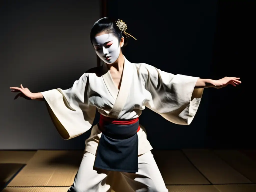 Un bailarín butō japonés, con kimono blanco y máscara, en una pose dramática