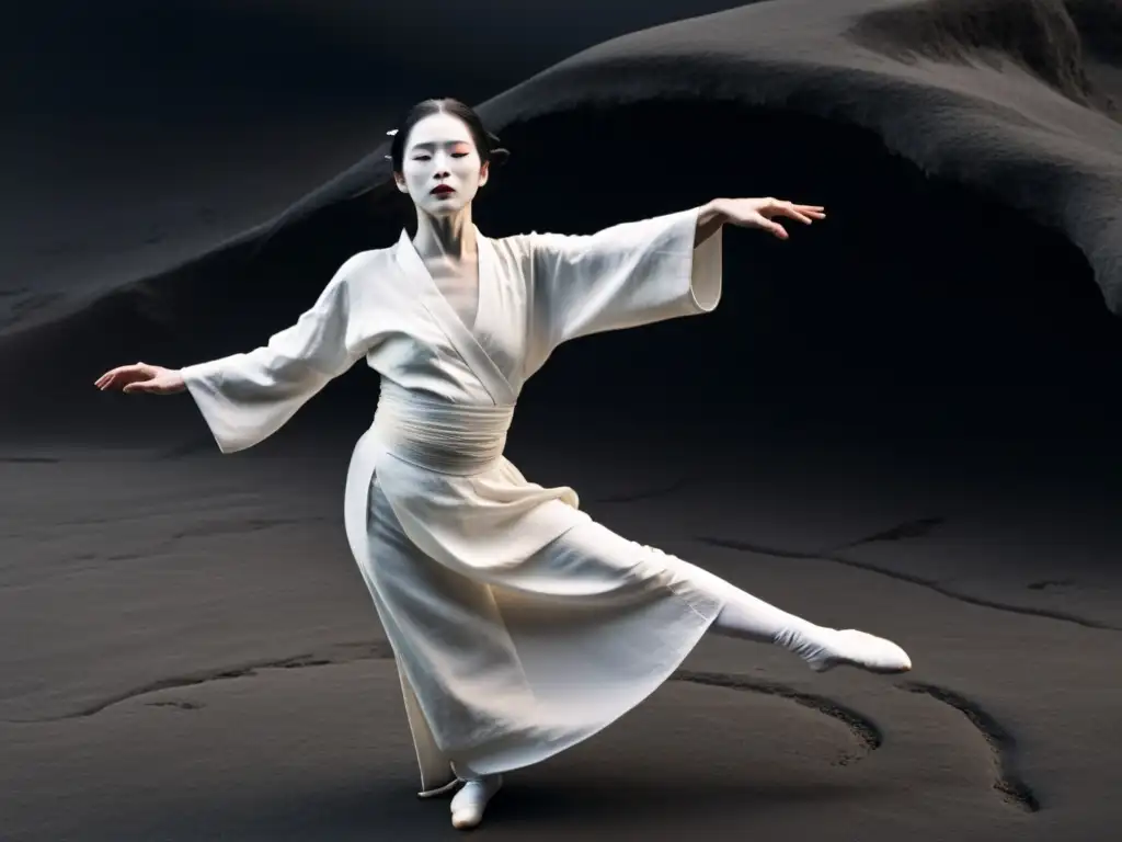 Un bailarín butoh japonés en pintura corporal blanca y túnicas blancas, en una postura profunda y misteriosa