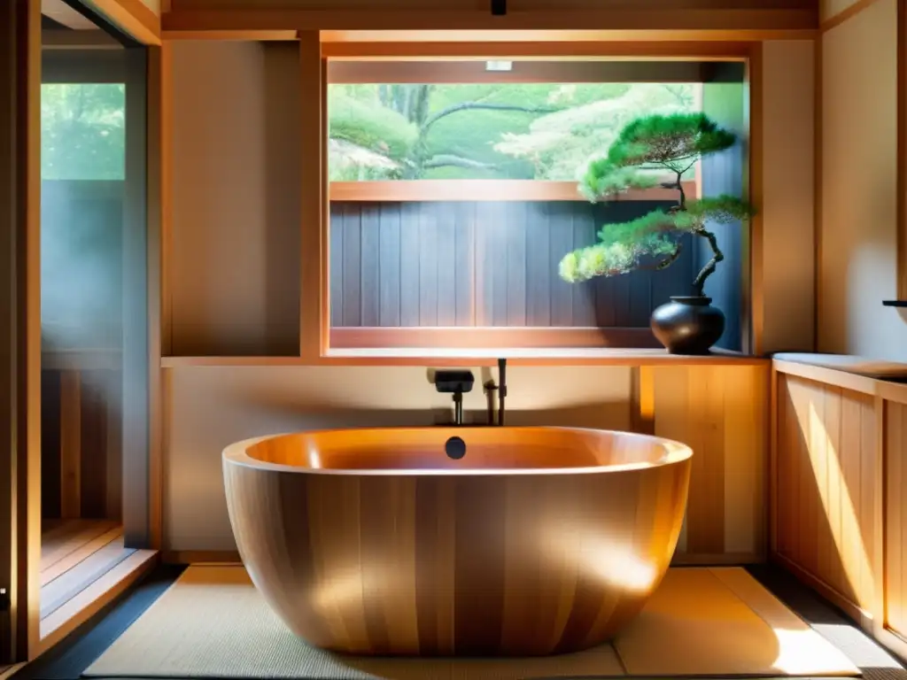 Un baño japonés tradicional de madera de hinoki lleno de agua caliente humeante, evocando la serena tradición del aseo personal samurái