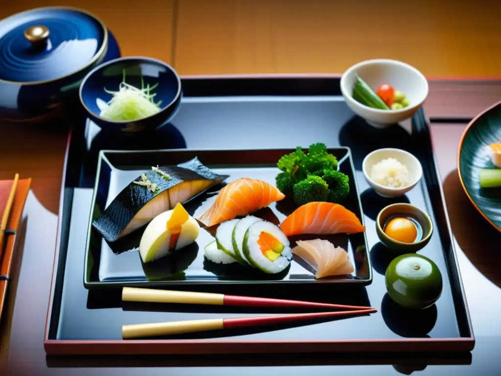 Un banquete samurái de gastronomía tradicional: una lujosa comida japonesa kaiseki en una bandeja de laca, con exquisitas delicias estacionales y una elegante presentación en un comedor tradicional de tatami