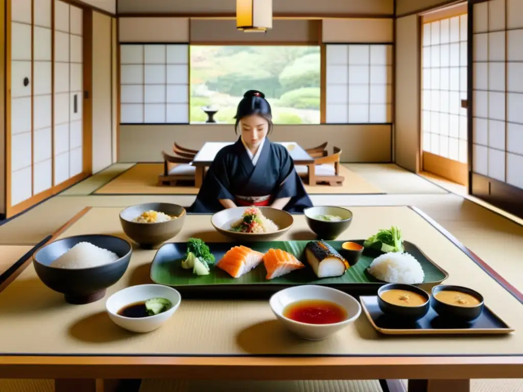 Un banquete tradicional japonés en una habitación serena con un samurái en posición seiza