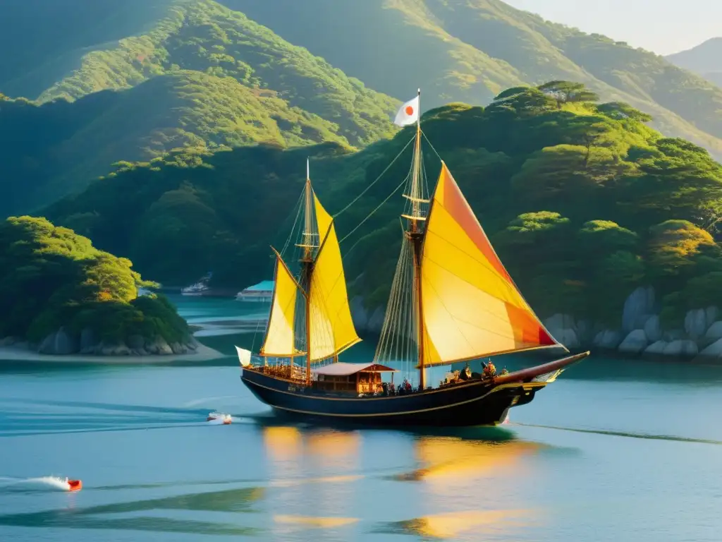 Barco de madera japonés navegando en el Mar Interior de Seto al atardecer, con tripulación vestida de samuráis