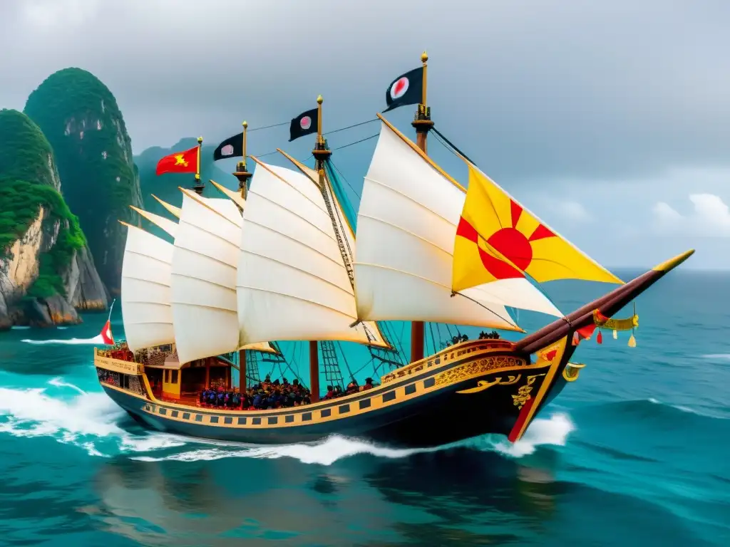 Nave Wokou surcando mares agitados con tecnología naval avanzada Un barco Wokou tradicional navega por mares agitados, con intrincadas tallas de madera y coloridas banderas ondeando al viento