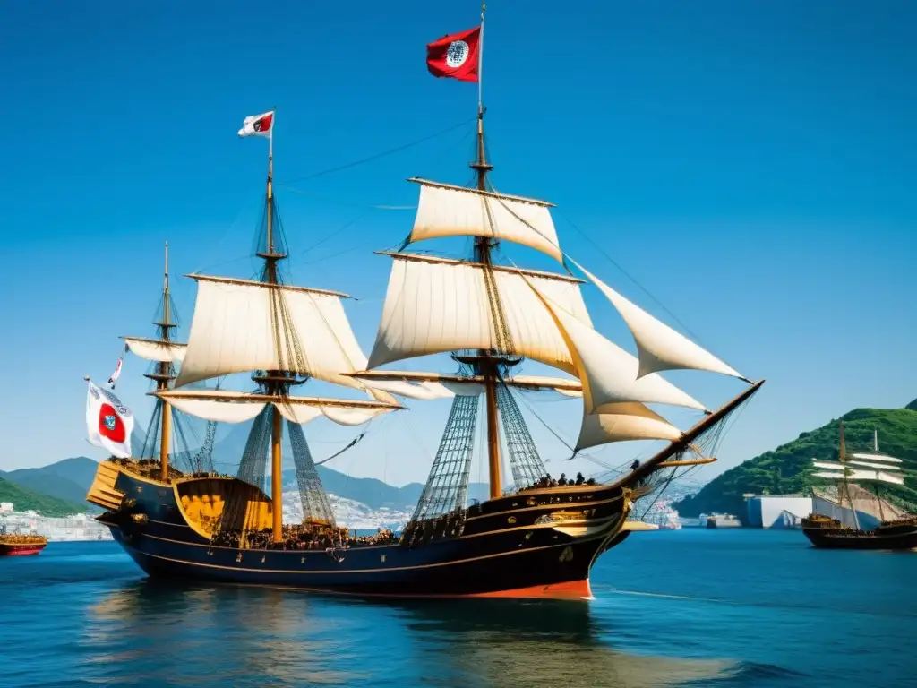 Barcos portugueses llegando al puerto de Nagasaki, con samuráis observando la influencia política extranjera