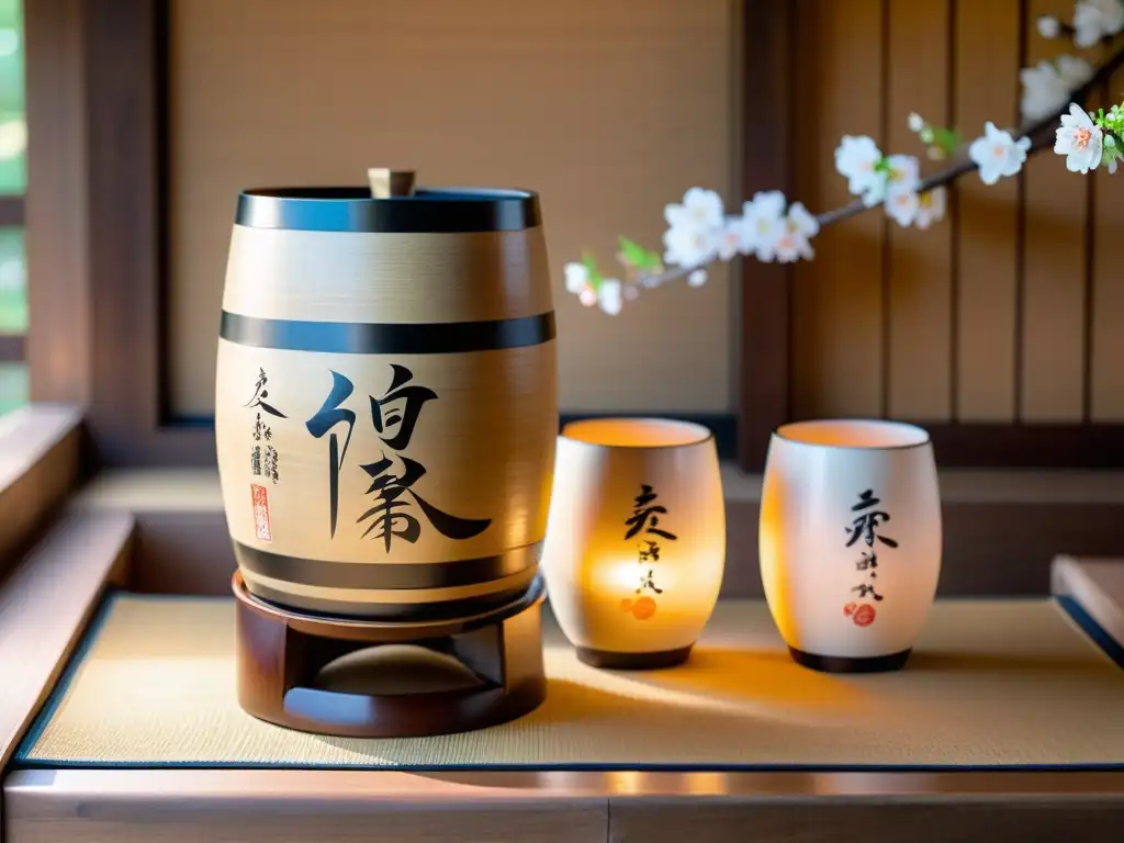 Un barril de sake japonés adornado con caligrafía y motivos de cerezo reposa sobre una mesa rústica, iluminado por la suave luz de una linterna