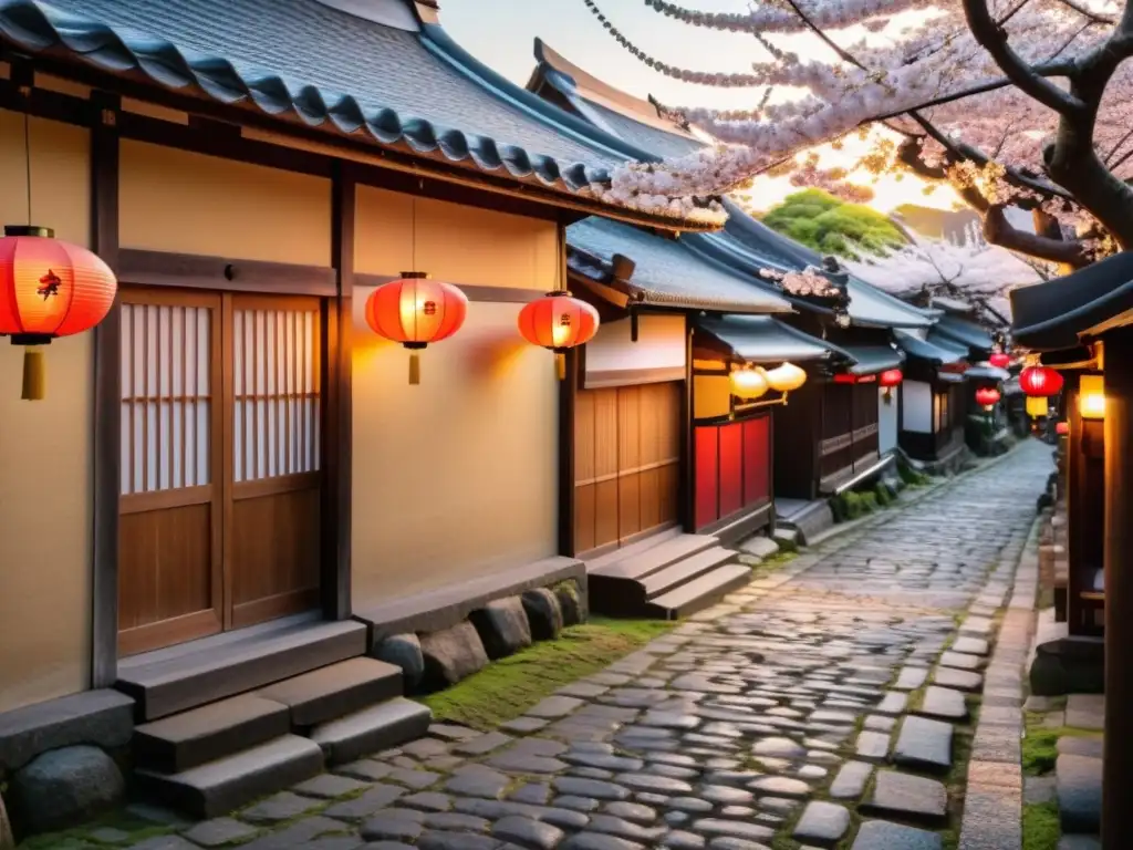 Barrios históricos de los samuráis: Calles empedradas, casas de madera y árboles de cerezo en una pintoresca escena japonesa al atardecer