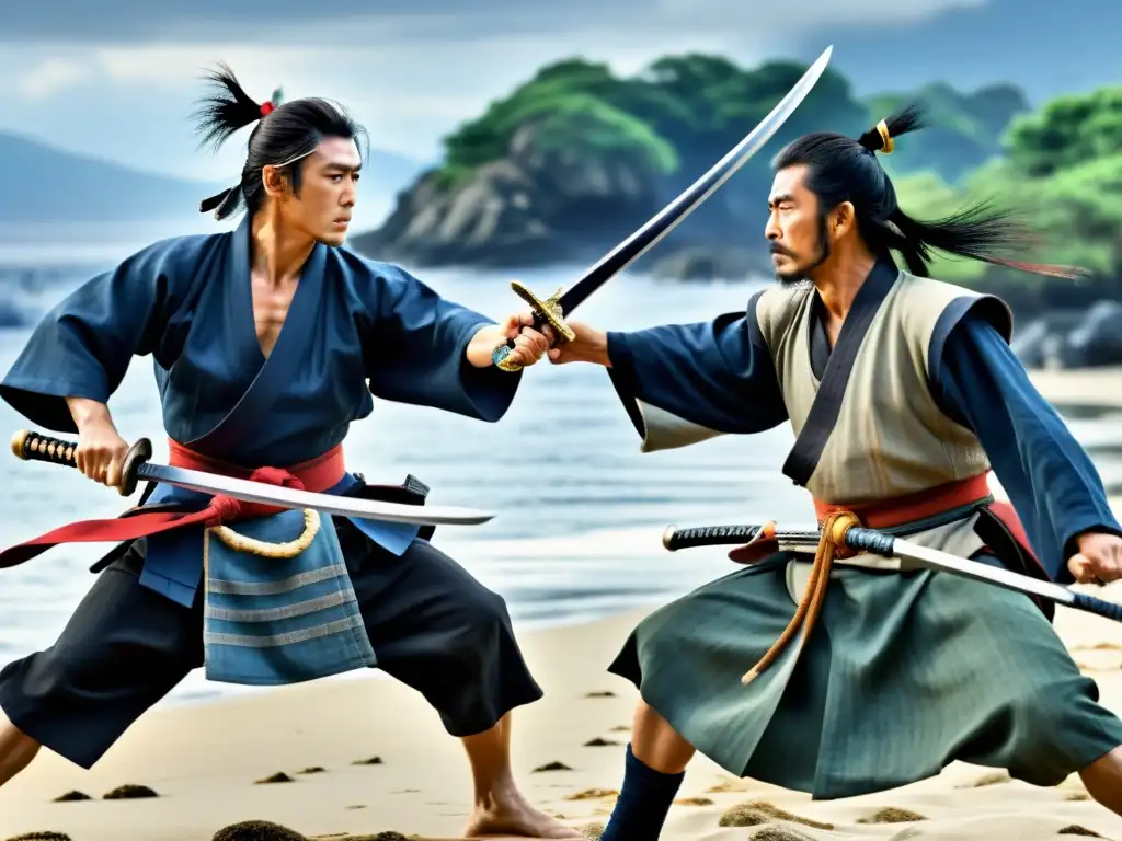 Batalla épica entre Sasaki Kojiro y Musashi en Ganryujima, con intensa lucha de espadas en un escenario natural impresionante