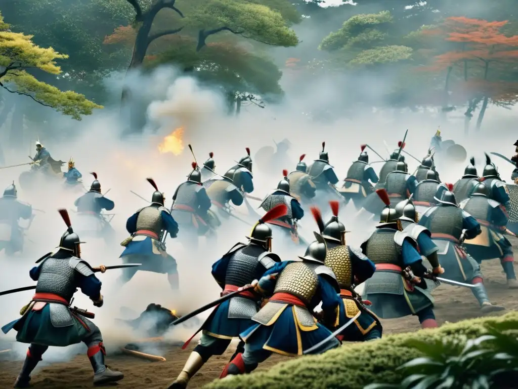 Batalla épica de samuráis en shogunato Ashikaga, reflejando la consolidación del poder y la intensidad del conflicto en la historia japonesa