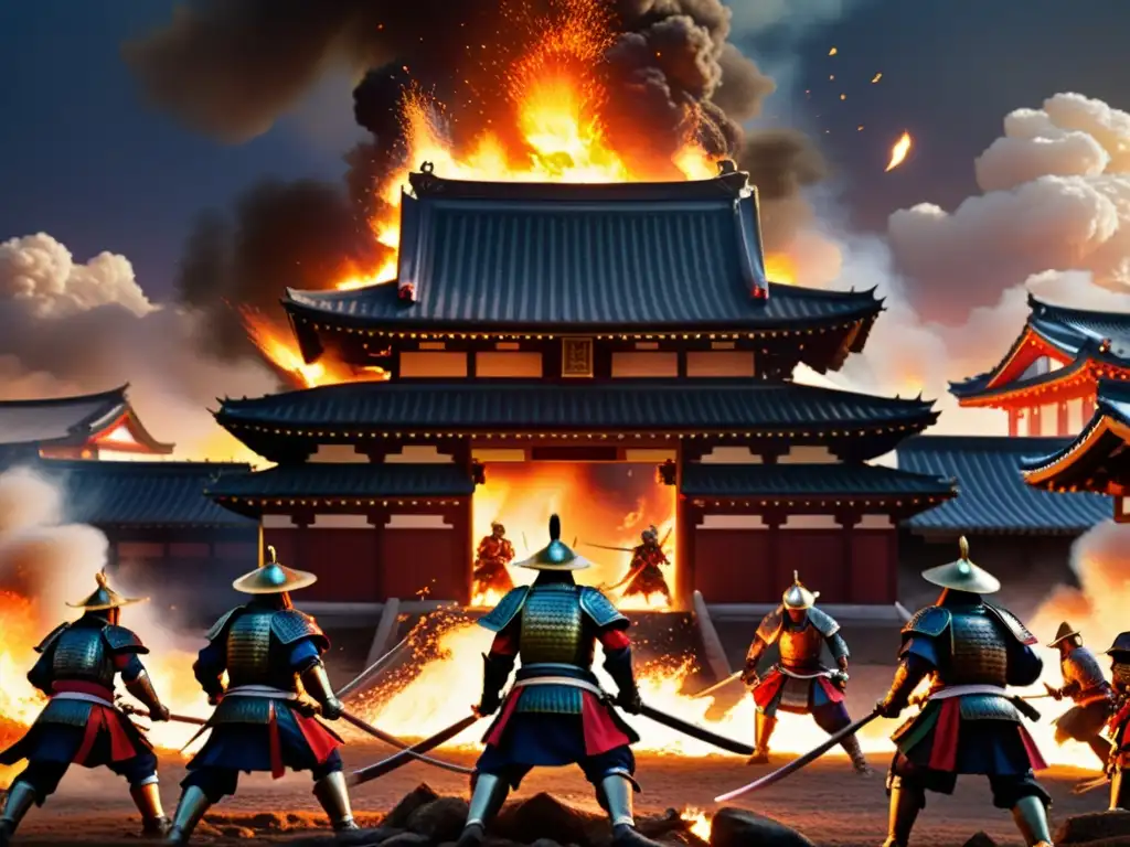 Batalla épica en el templo Honnōji, con guerreros samuráis luchando en medio del caos y el fuego, capturando la Masacre de Honnōji templo traición