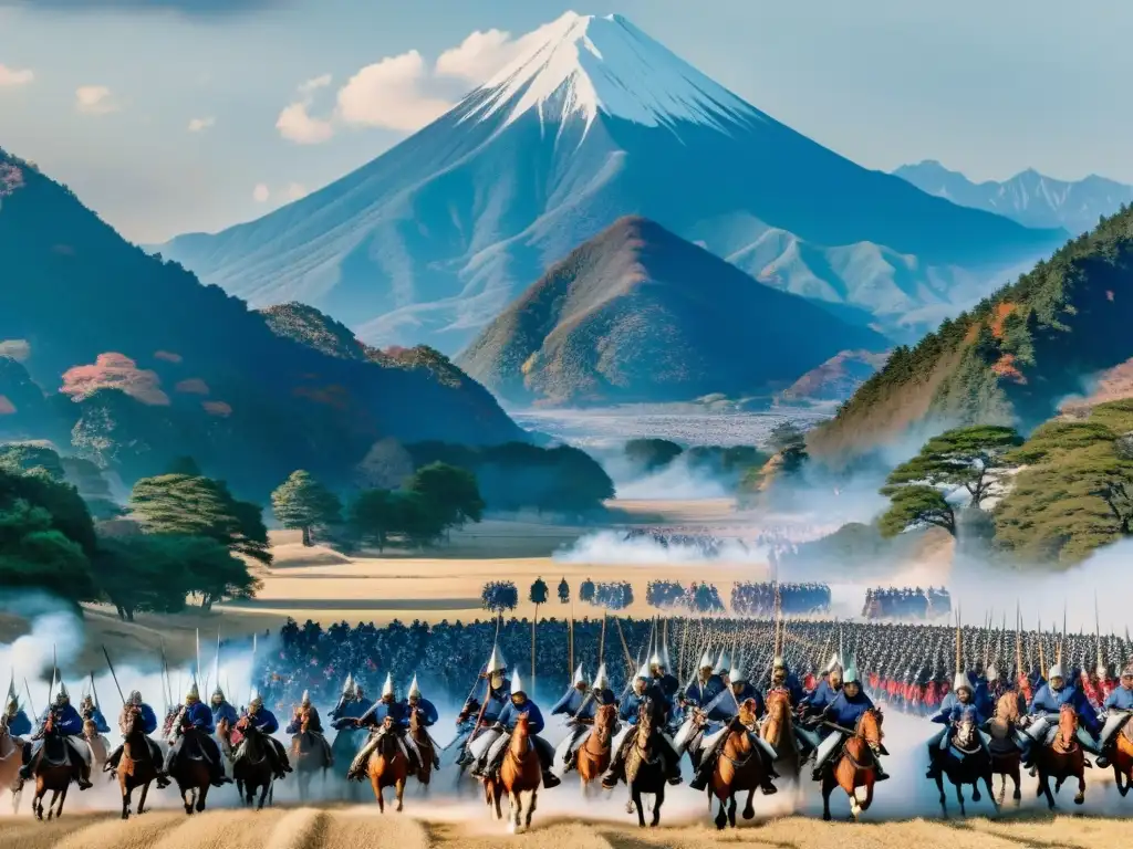 Batalla épica entre Uesugi Kenshin y Takeda Shingen en Kawanakajima, con los picos majestuosos de los Alpes Japoneses al fondo