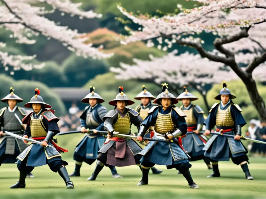 Formación de batalla samurái con guerreros armados y paisaje japonés con cerezos en flor