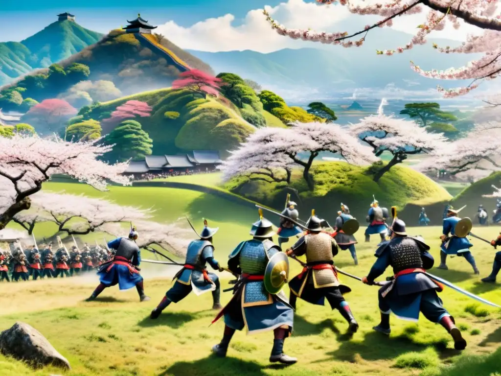 Batalla samurái con influencia del Confucianismo en la estrategia, entre colinas y cerezos en flor