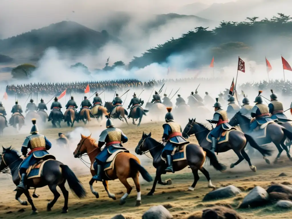 Batalla de Sekigahara: dramática reencarnación de la caída de Ishida Mitsunari, con samuráis en combate en un campo de batalla neblinoso