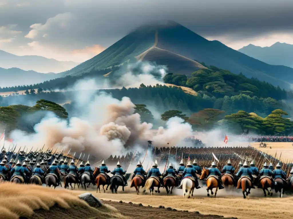 Batalla de Sekigahara: historia samurái cobra vida en una imagen de caos y determinación, con guerreros en combate y montañas brumosas al fondo