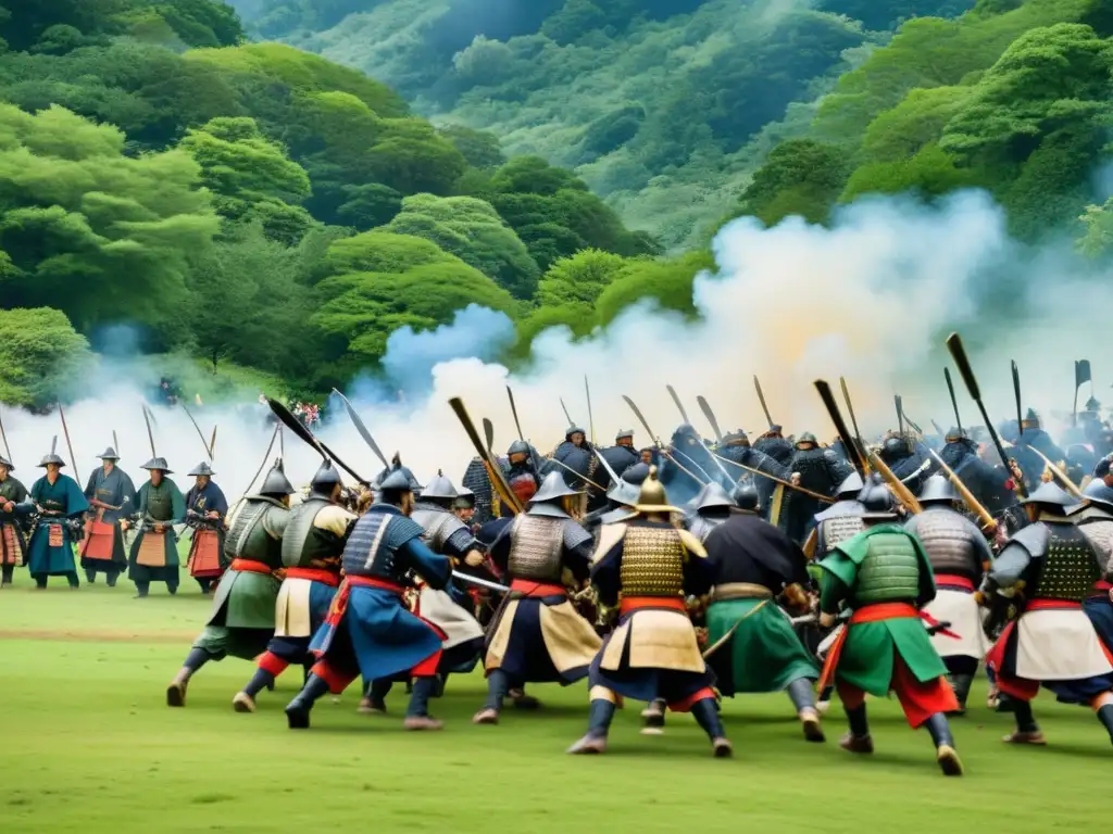 Recreación de batallas samurái en el Shingenko Matsuri, con participantes en armaduras detalladas, combatiendo en un escenario natural