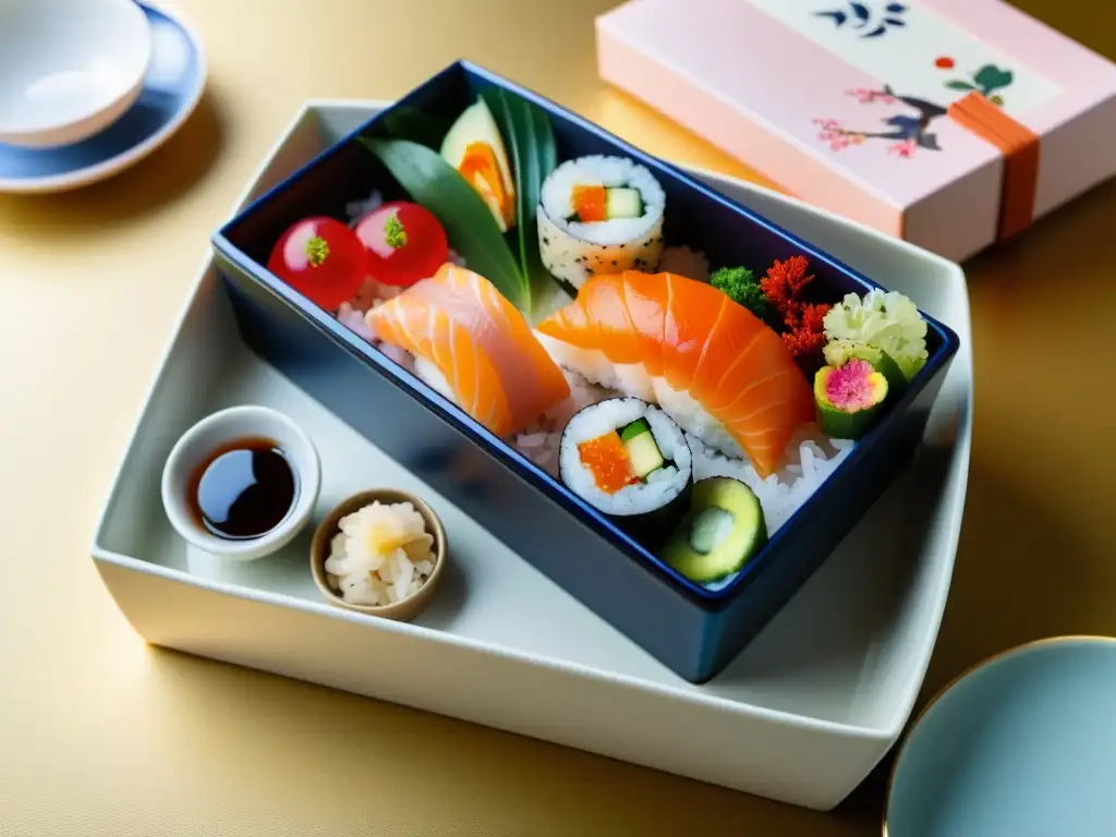 Un bento japonés meticulosamente arreglado con sushi, sashimi, verduras encurtidas y arroz, sobre vajilla de porcelana con motivos de cerezo