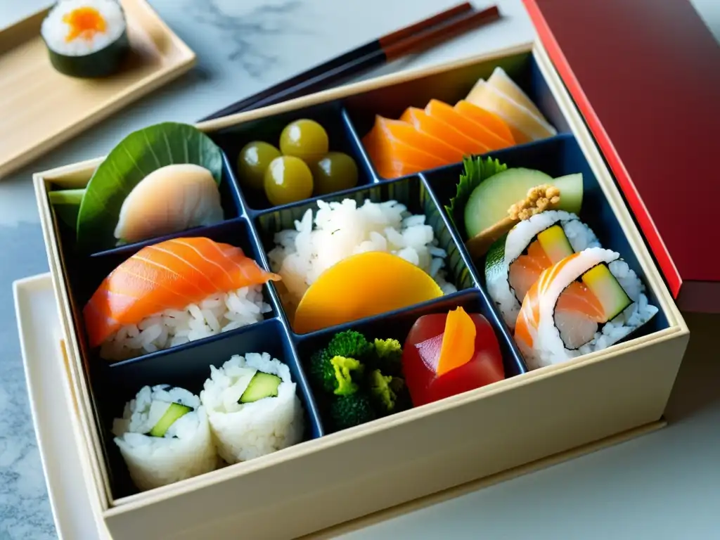 Un bento japonés con comida balanceada al estilo samurái, con sashimi, sushi, vegetales encurtidos y arroz