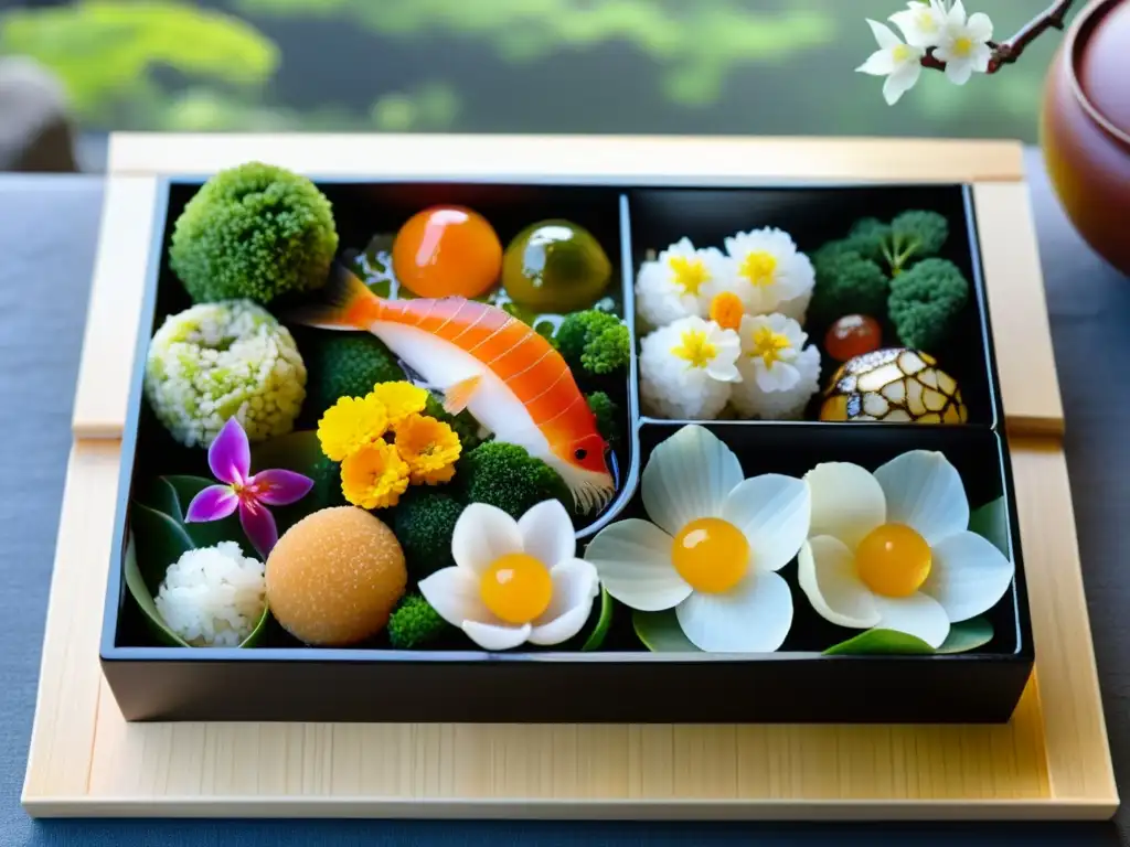 Un bento japonés detallado con pescado crudo, vegetales encurtidos y flores comestibles, en un jardín japonés