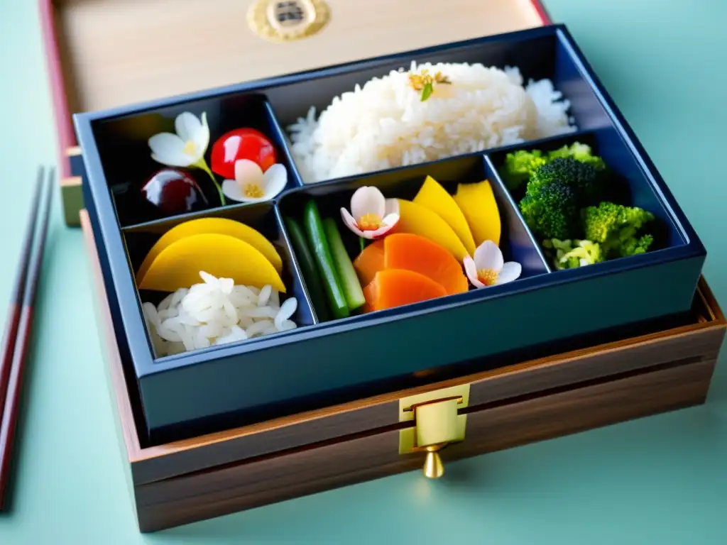 Bento japonés con influencia extranjera en la gastronomía samurái: una obra de arte culinaria con colores vibrantes y presentación meticulosa