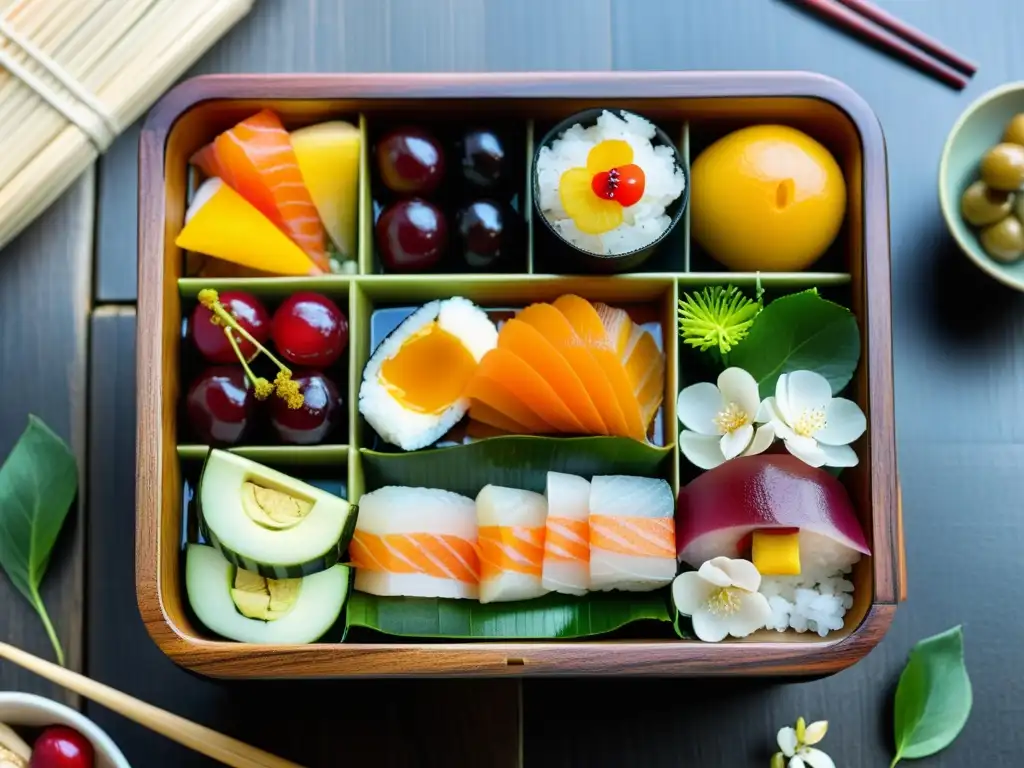 Un bento japonés lleno de ingredientes frescos, sushi, sashimi y frutas vibrantes, sobre una superficie de madera con pétalos de cerezo