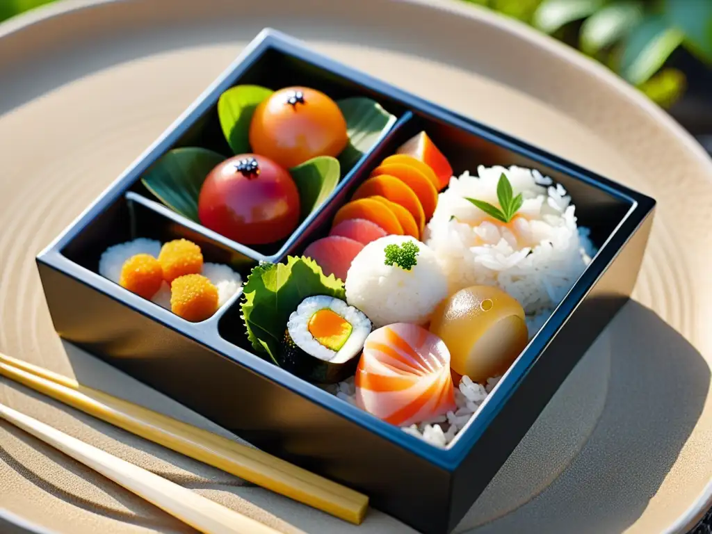 Un bento japonés con pescado crudo, vegetales encurtidos y arroz, en un jardín japonés tranquilo