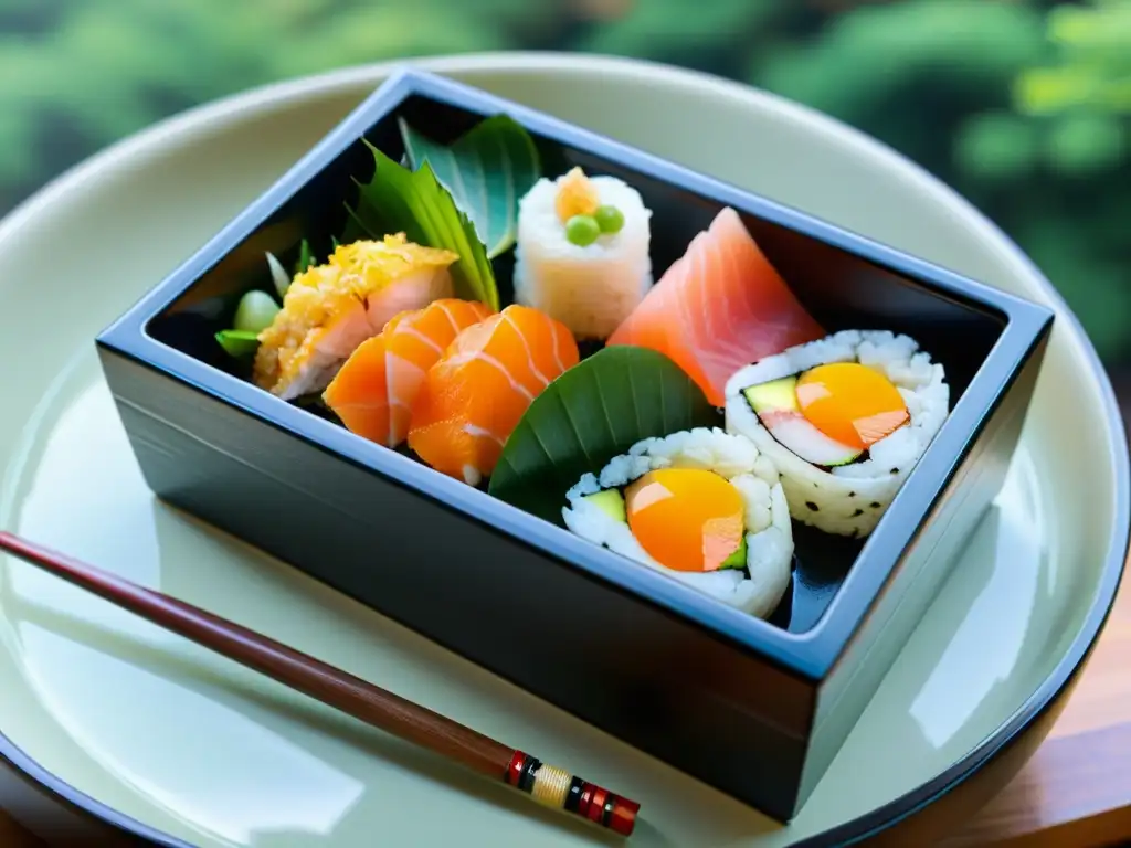 Un bento japonés con sashimi, tempura y onigiri, en un jardín japonés