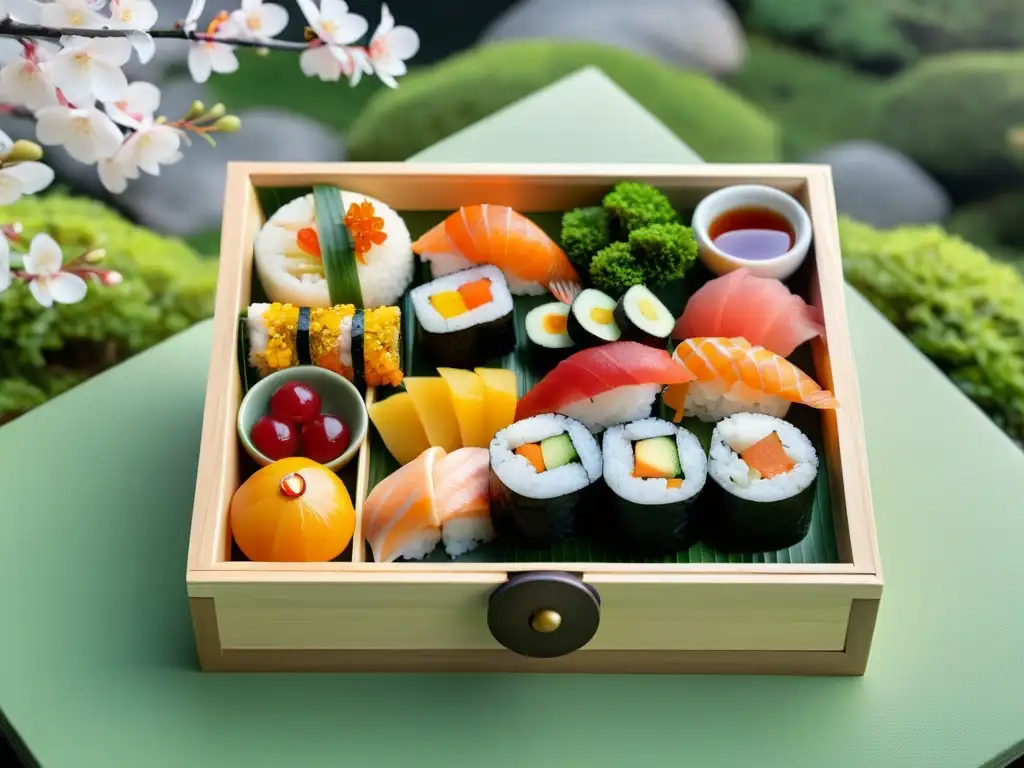 Un bento japonés con sushi y sashimi, en un jardín con una linterna de piedra y un cerezo en flor