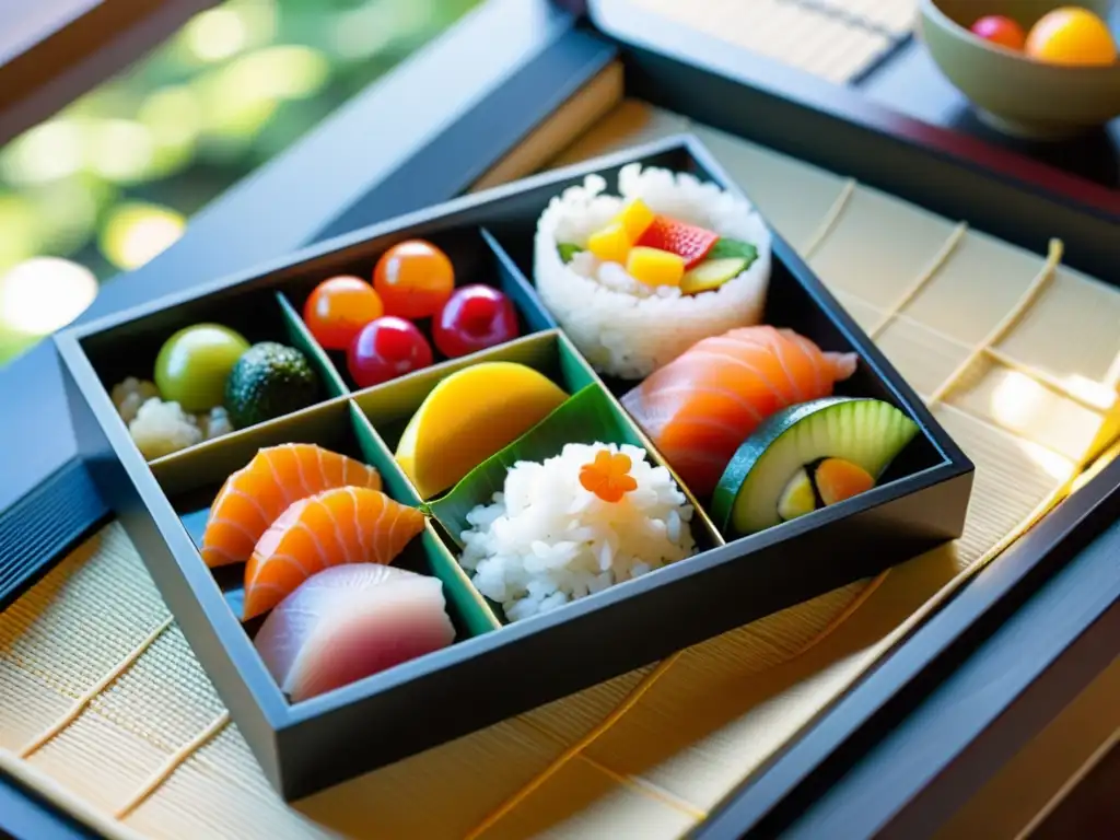 Un bento japonés en un tatami decorado, con sashimi, verduras encurtidas, arroz y frutas, junto a un set de té y jardín zen