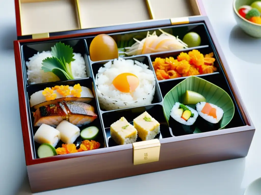 Un bento japonés tradicional con alimentos de los samuráis, presentación exquisita y colores vibrantes