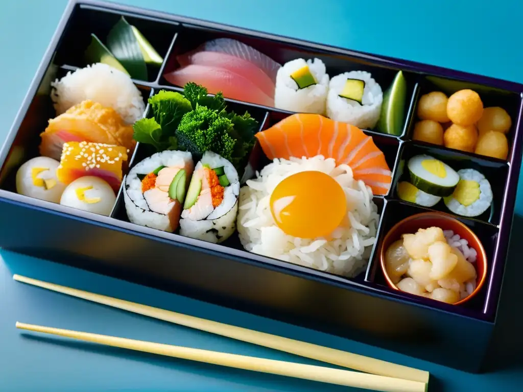 Un bento japonés tradicional meticulosamente preparado, con sashimi, tempura, vegetales encurtidos y onigiri, reflejando la dieta tradicional samurái