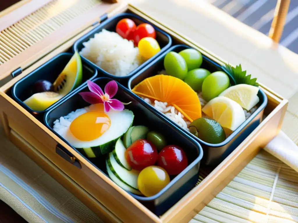 Un bento japonés tradicional con una presentación meticulosa