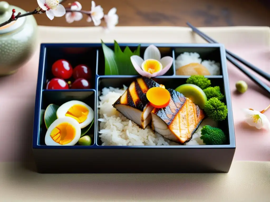 Bento japonés: armonía y tradición en una caja Un bento japonés tradicional con una presentación impecable y una atmósfera serena evoca la nutrición y dieta samurái