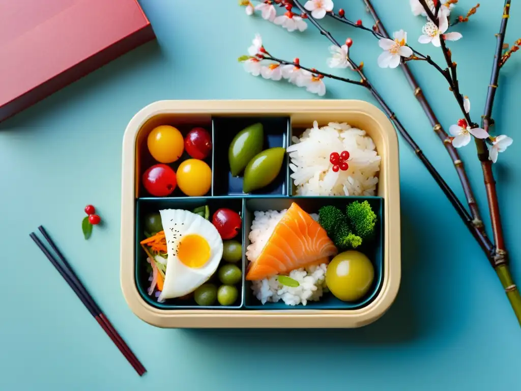 Un bento japonés tradicional con una presentación meticulosa y colorida, rodeado de ramas de cerezo, evocando tranquilidad y autenticidad cultural