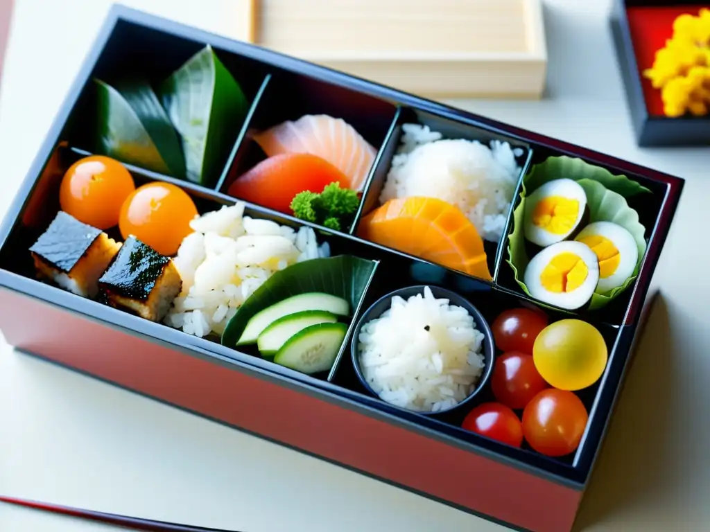 Exquisito Bento Japonés: Arte y Nutrición Samurai Un bento japonés tradicional, con sashimi fresco, vegetales encurtidos, arroz al vapor y frutas