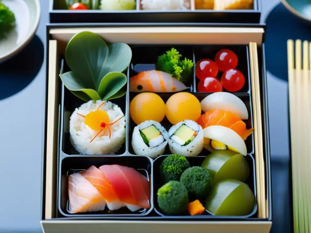 Un bento japonés tradicional con sashimi, maki y vegetales en un jardín japonés, reflejando la dieta tradicional samurái