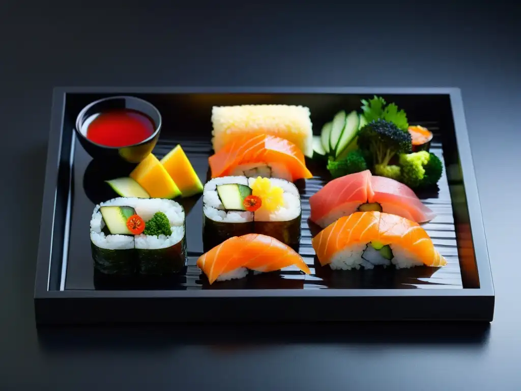 Un bento japonés tradicional con sushi, sashimi, verduras encurtidas y tamagoyaki, presentado con elegancia en una bandeja de laca negra