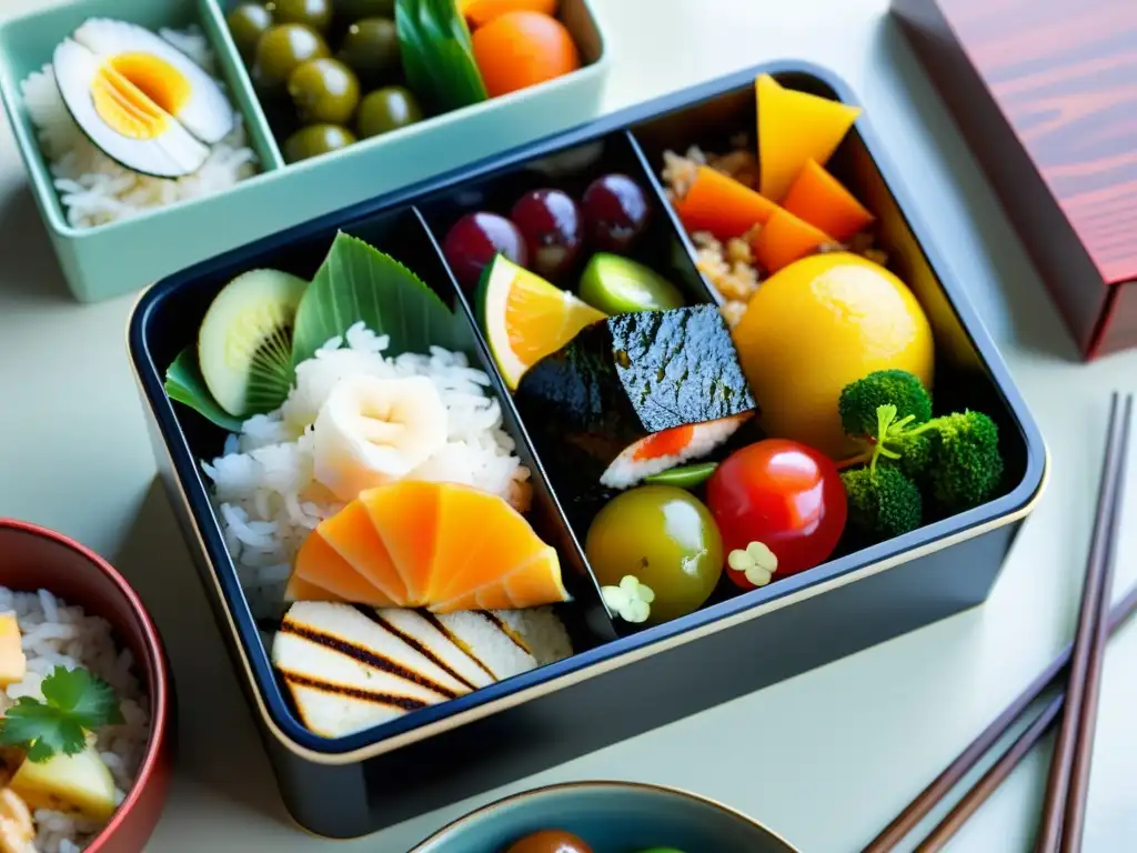 Un bento japonés tradicional con una variedad de alimentos vibrantes